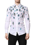 Men's White Cotton Feather Print Gold Dress Shirt