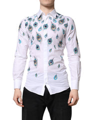Men's White Cotton Feather Print Gold Dress Shirt