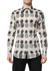 Men's White Pineapple Print Long Sleeve Gold Shirt Cotton