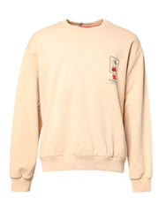 Men's Cherry Print Crew Neck Sweatshirt Beige Cotton Sweatshirts