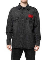 Men's Gray Long Sleeves Button Down Denim Shirt Dark Cotton