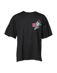 Men's Black Dg Floral Print Crew Neck T-Shirt Cotton