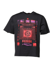 Men's Black Cotton Graphic Print Crew Neck T-Shirt Nylon Elastane