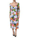 Women's Multicolor Floral Pleated Sheath Midi Dress Viscose Elastane