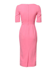 Women's Pink Viscose Short Sleeve Sheath Midi Dress Acetate Elastane