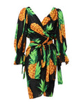 Women's Black Pineapple Print Silk Wrap Mini Dress Elastane