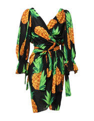 Women's Black Pineapple Print Silk Wrap Mini Dress Elastane