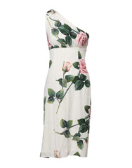 Women's White Floral One Shoulder Sheath Midi Dress Silk Elastane