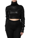 Women's Black Wool Long Sleeve Turtleneck Cropped Top Virgin