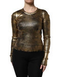 Women's Gold Round Neck Long Sleeve Pullover Top Viscose Polyester