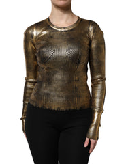 Women's Gold Round Neck Long Sleeve Pullover Top Viscose Polyester
