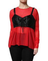 Women's Red Black Bustier Detailing Long Sleeves Top And Nylon Elastane