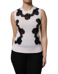 Women's White Cashmere Floral Lace Detailing Tank Top Silk Cotton Nylon