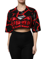 Women's Red Black Cotton Bustier Detailing Cropped Top And