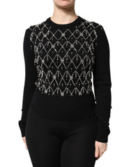 Women's Black Cashmere Embellished Long Sleeves Top
