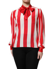 Women's Red White Stripes Ascot Collar Blouse Top And Silk