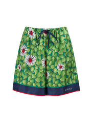 Women's Green Flower Printed Silk Shorts