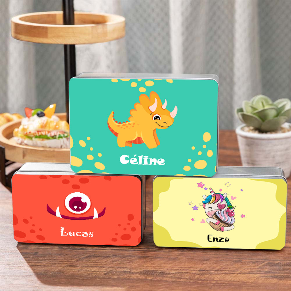 Caja de metal para galletas con nombre personalizada Monster Fantasy Unicorn Dinosaur Food Grade Metal Biscuit Tin Box with Name Children's Day Birthday Gift for Kids Family