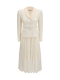 Self-Portrait Bouclé with Shawl Collar and Pleated Hem Dress — Cream
