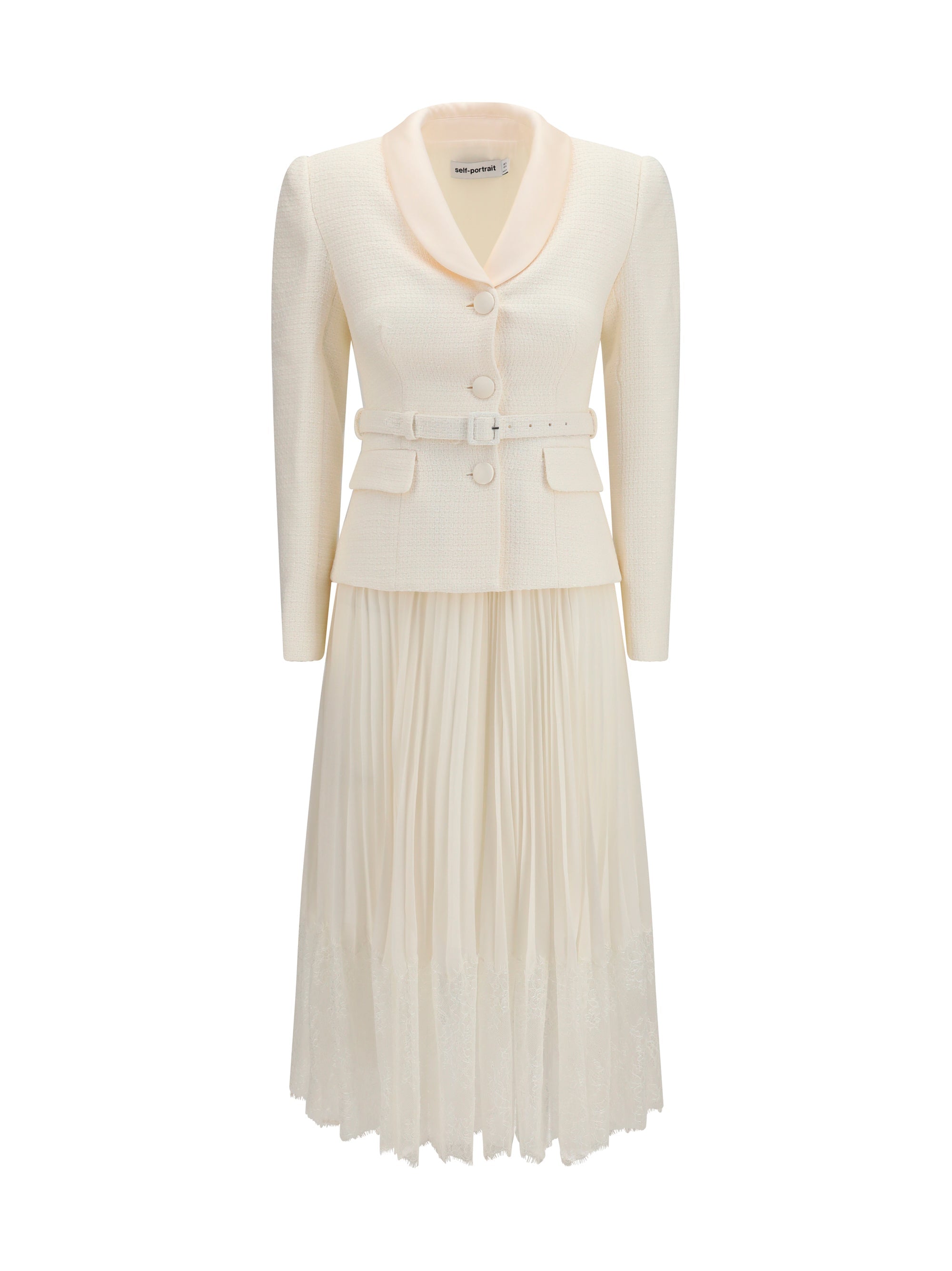 Self-Portrait Bouclé with Shawl Collar and Pleated Hem Dress — Cream