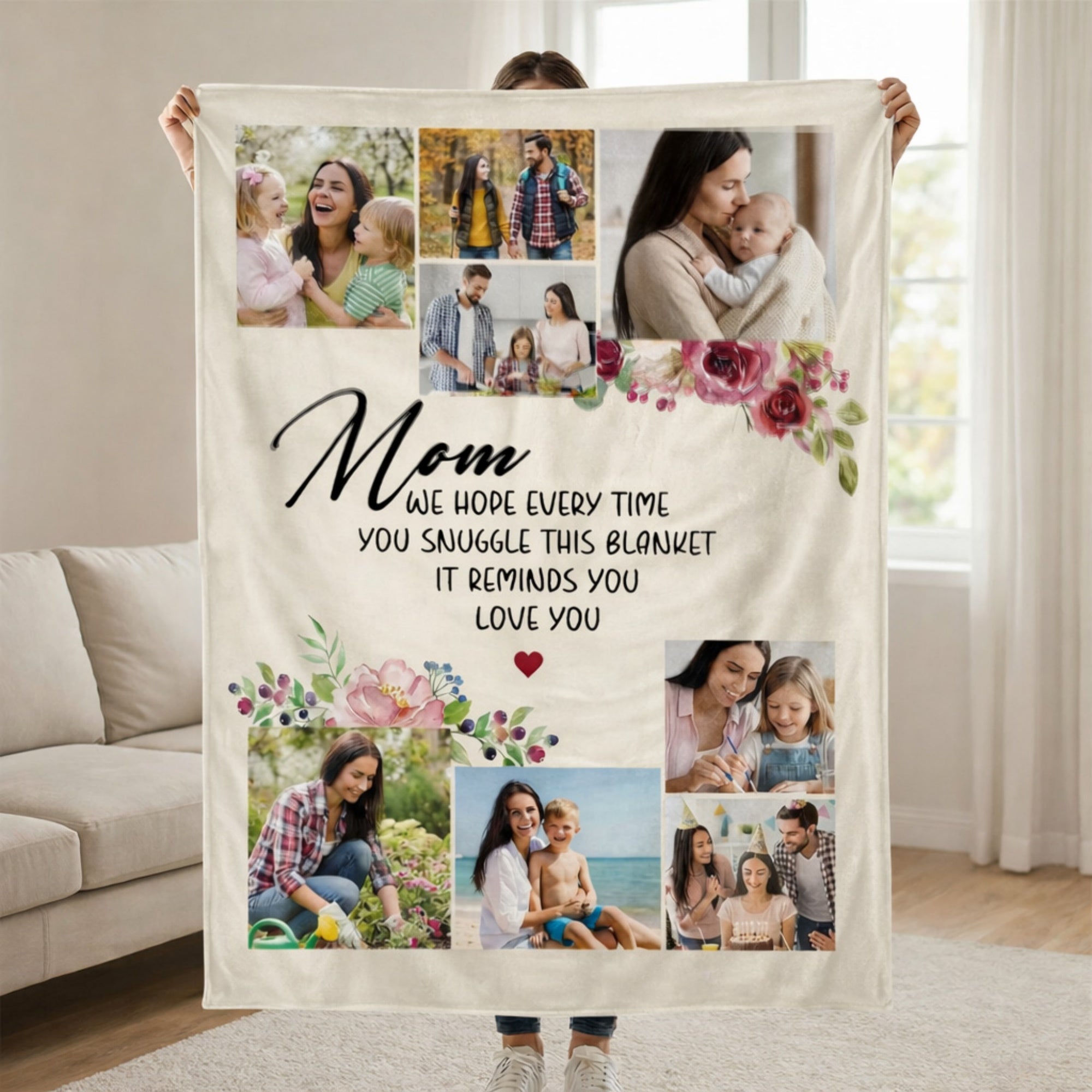 Manta floral personalizada de 8 fotos con nombre y texto Decoración del hogar Regalo del Día de la Madre para mamá