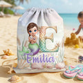 Bolsa con cordón personalizada con personaje de dibujos animados de sirena inicial y nombre regalo de cumpleaños para niñas amigas y familiares