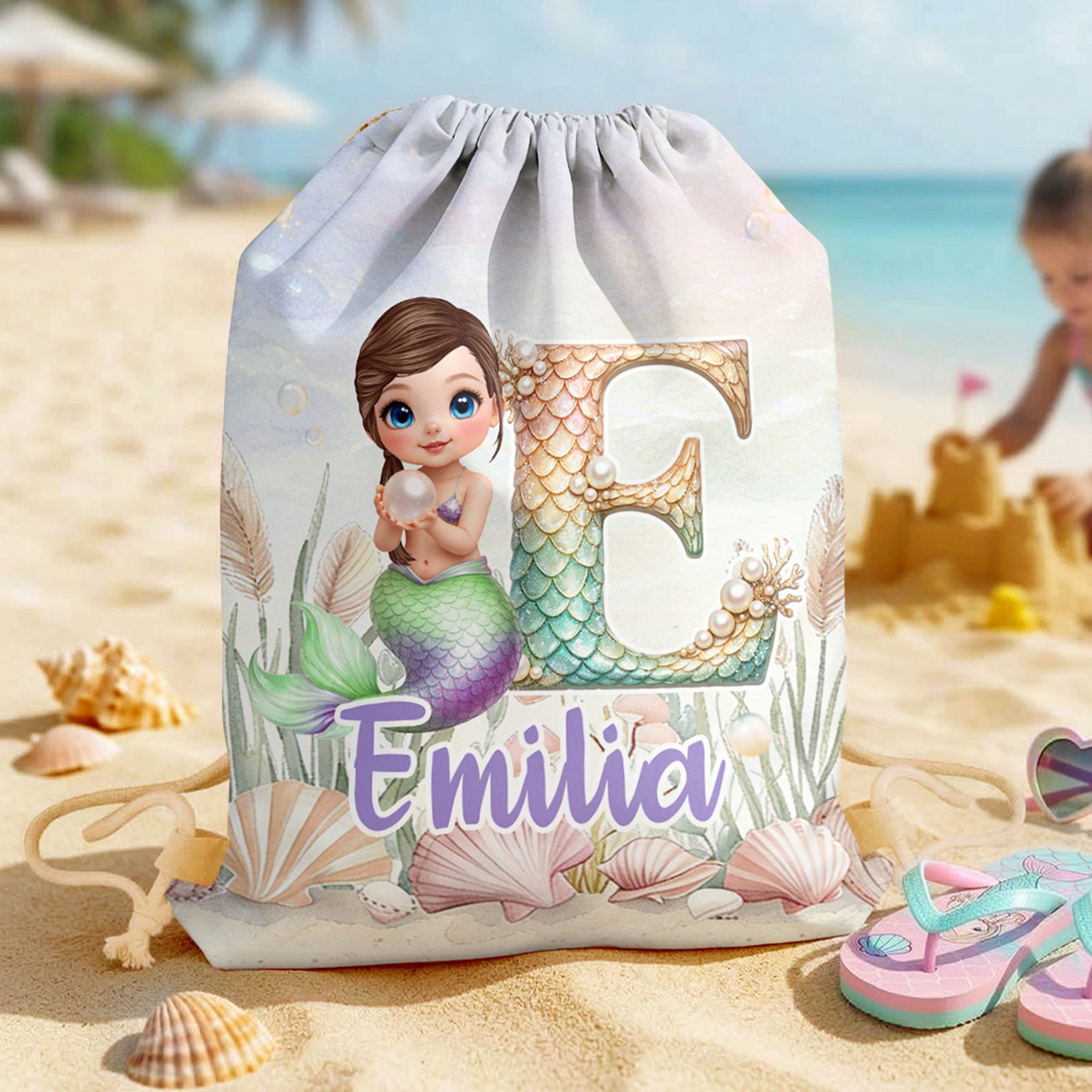 Bolsa con cordón personalizada con personaje de dibujos animados de sirena inicial y nombre regalo de cumpleaños para niñas amigas y familiares