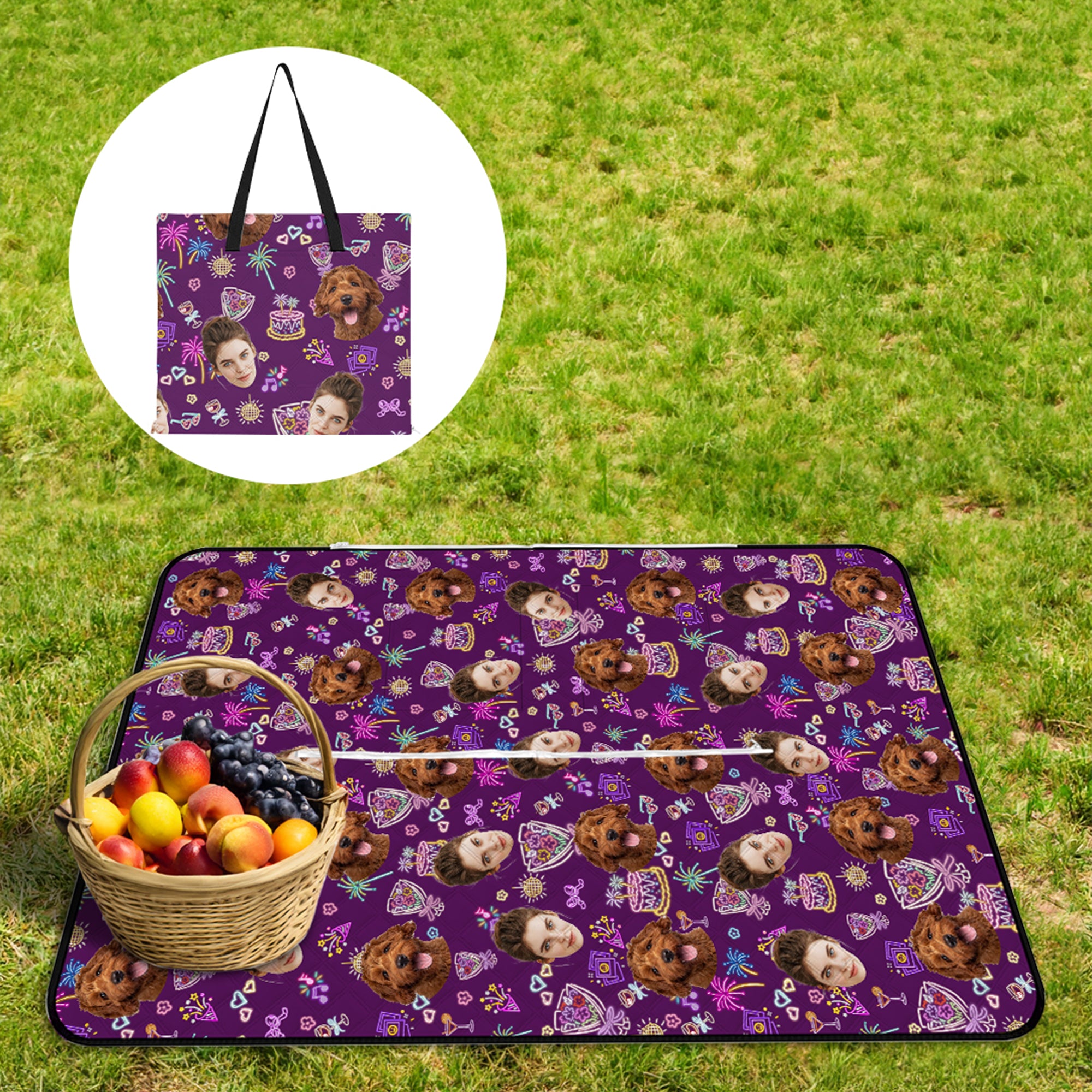 Personalizado 1-3 Cara Foto Fluorescente Patrón Picnic Mat Todo-en-Uno Tote Bag Birthday Anniversary Gift for Dog Cat Lovers