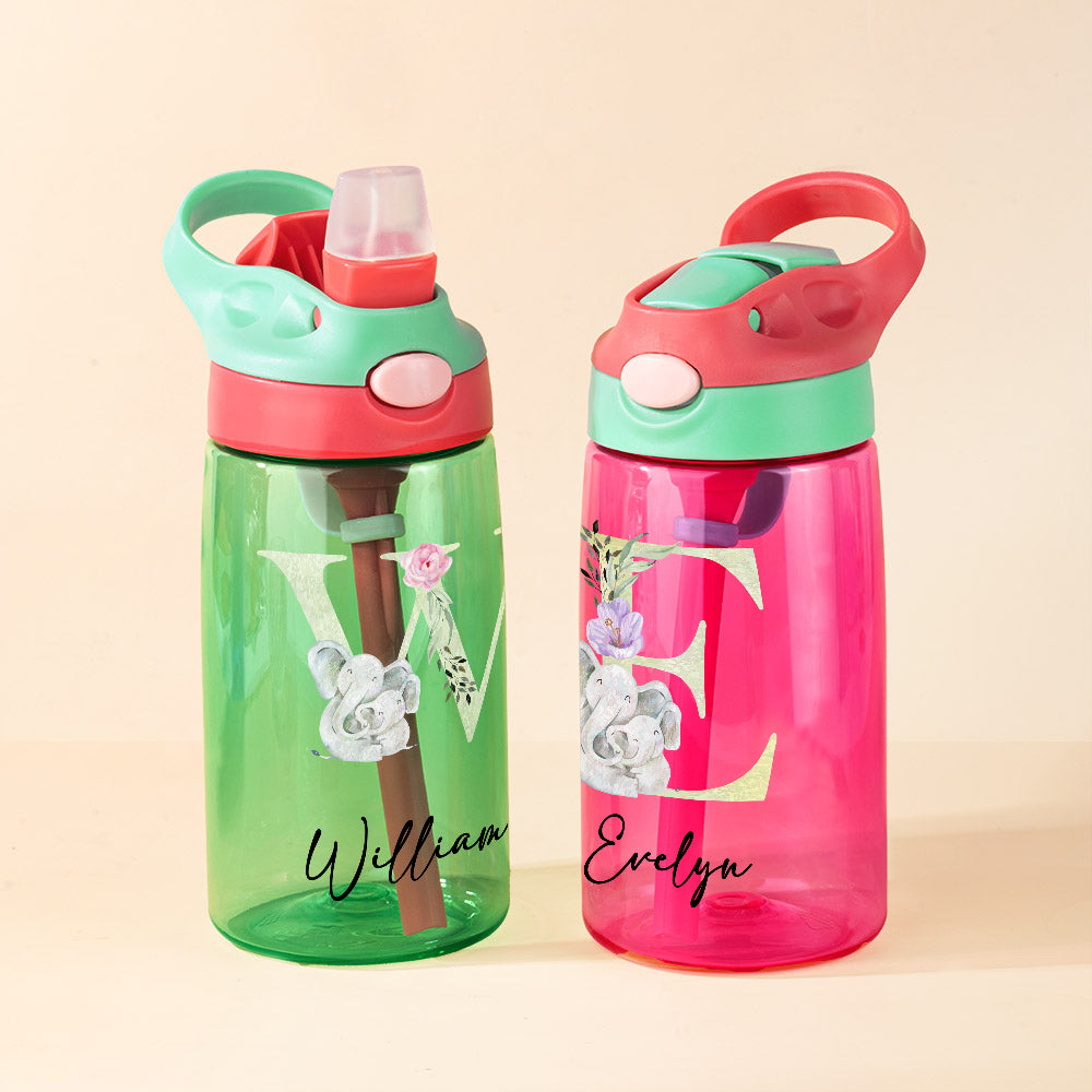 Botella de agua de 16 onzas con pajita de silicona y asa personalizada con las iniciales de un animal del bosque Regalo de navidad de cumpleaños de vuelta al cole para niños y niñas