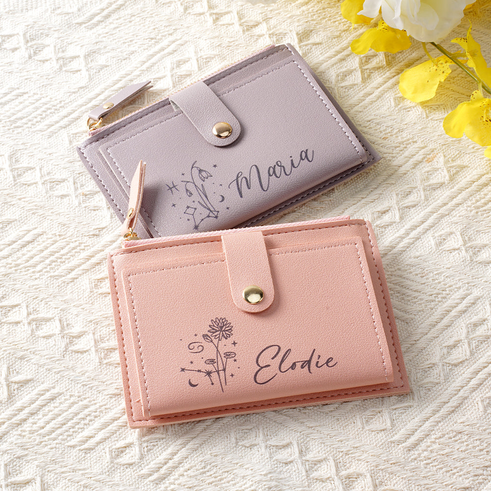Personalizada portátil Zodiaco Nacimiento Flor Cartera de cuero con nombre y titular de la tarjeta Cumpleaños Aniversario Regalo para Mujeres Niñas
