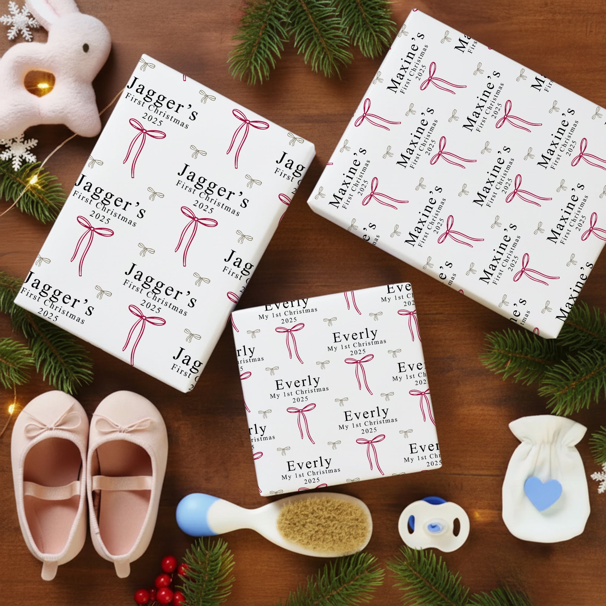 Set de 3 papeles de regalo personalizados con nombre, año y texto para la 1ª Navidad del bebé DIY Craft Packaging Gift for New Parents