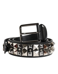 Men's Black Calf Leather Studded Silver Buckle Belt