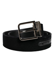 Men's Black Cotton Silver Metal Buckle Belt Calf Leather