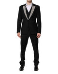 Men's Black Martini Crystal Embellished 3 Pc Suit Virgin Wool Polyester Silk