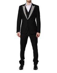 Men's Black Martini Crystal Embellished 3 Pc Suit Virgin Wool Polyester Silk