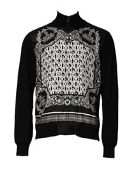 Men's Black White Bandana Print Full Zip Sweater And Cashmere Silk Clothing