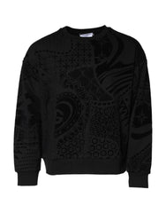 Men's Black Printed Crew Neck Sweatshirt Sweater Cotton Elastane Clothing