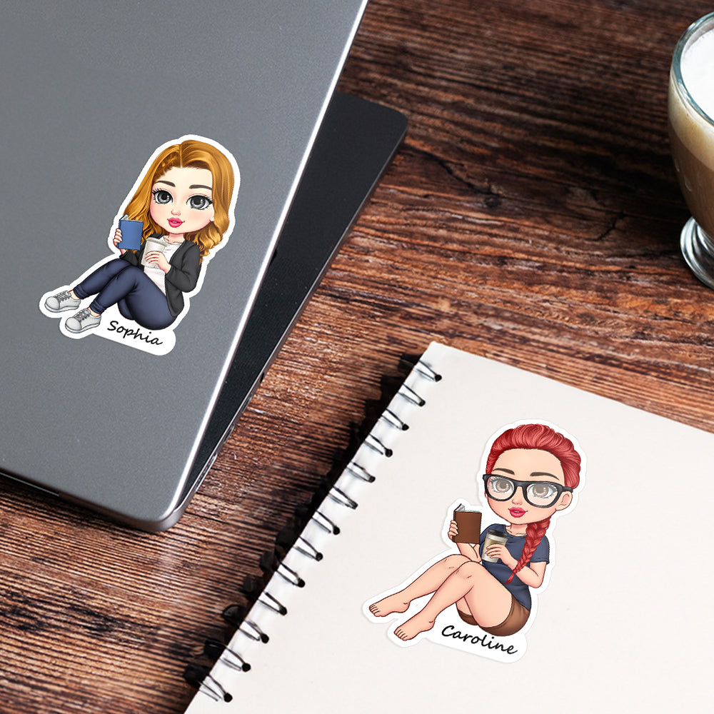 Personalizada de dibujos animados de lectura de caracteres a prueba de agua pegatinas con nombre de regalo de cumpleaños para las mujeres ratones de biblioteca Leer Amantes