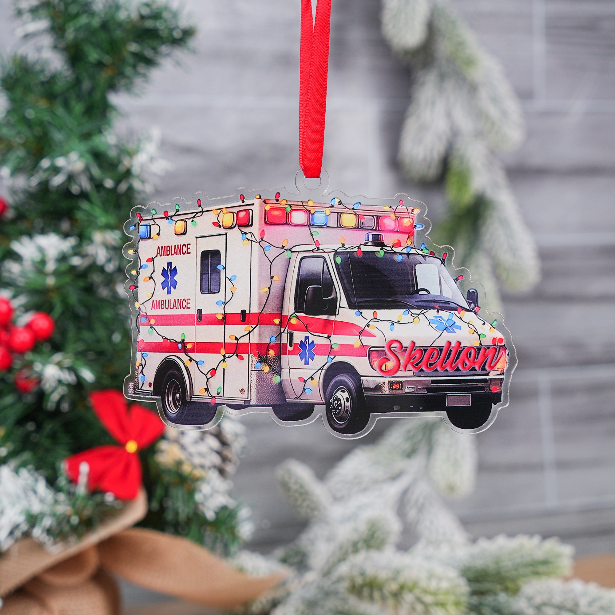 Ambulancia personalizada de Navidad de acrílico ornamento con el nombre de decoración del hogar de Navidad de regalo para EMT conductor paramédico