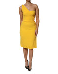 Women's Yellow One Shoulder Side Slit Midi Dress Viscose Acetate Elastane