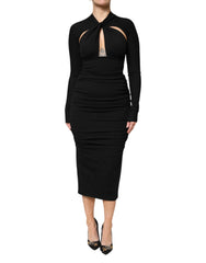 Women's Black Long Sleeves Sheath Midi Dress Viscose Nylon Elastane