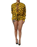 Women's Yellow Leopard Long Sleeves Jumpsuit Dress Silk Elastane Polyester