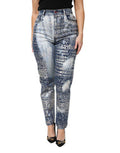 Women's Blue Washed Print High Waist Denim Jeans Cotton Elastane Clothing