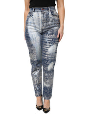 Women's Blue Washed Print High Waist Denim Jeans Cotton Elastane Clothing