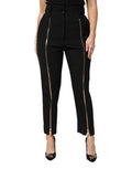 Women's Black Wool High Waist Zipper Tapered Pants Virgin Elastane