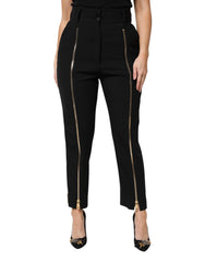 Women's Black Wool High Waist Zipper Tapered Pants Virgin Elastane