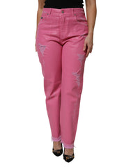 Women's Pink Tattered Mid Waist Tapered Denim Jeans Cotton Elastane Clothing
