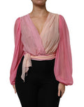 Women's Pink Plunging V-Neck Long Sleeves Blouse Top Silk