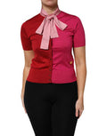 Women's Pink Short Sleeves Buttoned Ascot Collar Top Silk