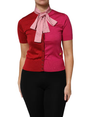 Women's Pink Short Sleeves Buttoned Ascot Collar Top Silk